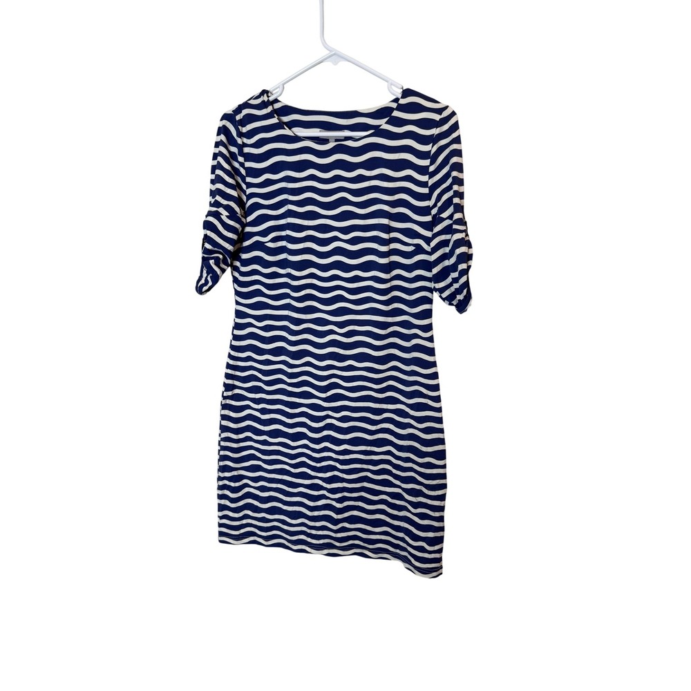 Ellie Kai Dress Womens 6 Blue White Wave Stripe Shift 3/4 Sleeve Knee Length